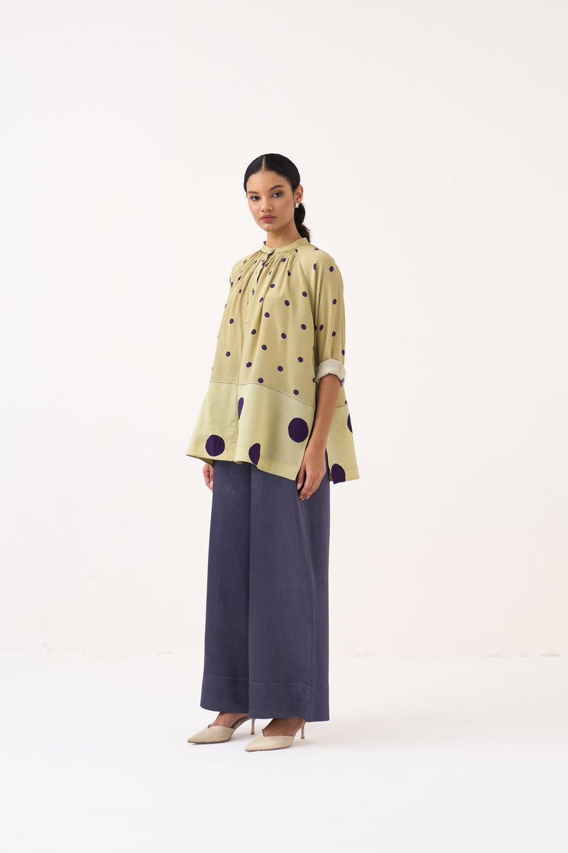 Polka Peasant Top-Soft Moss   crepe top/shirt by THREE in soft moss for women in Singapore