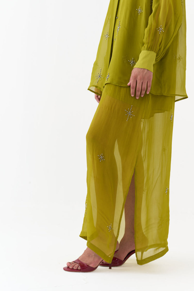 Hand Emb. Detail Shirt Co-Ord (Set Of 2)-Electric Lime organza co-ord set by THREE in yellow for women in Singapore