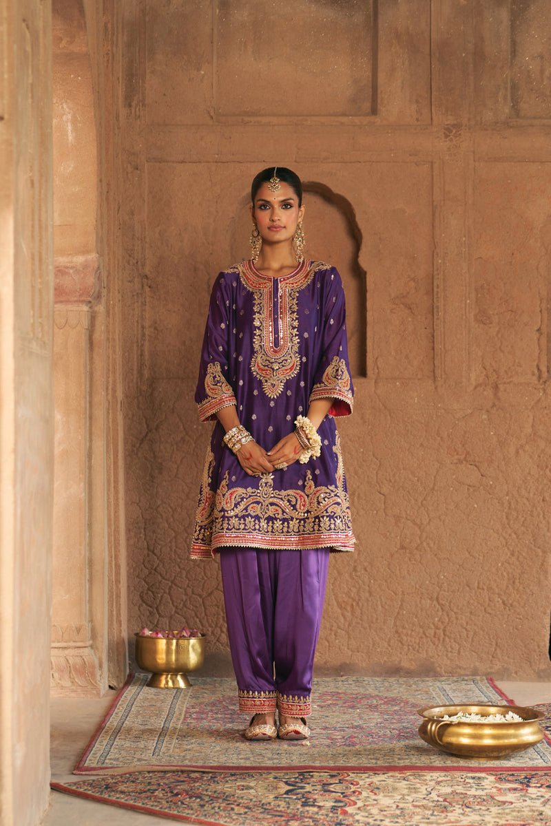 FARHANA - DEEP PURPLE SHORT KURTA WITH SALWAR AND DUPATTA chanderi silk kurta/kurta set by SHEETAL BATRA in purple for women in Singapore