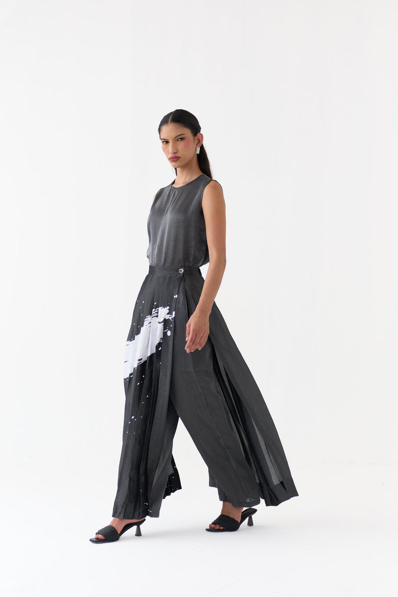 Splash Print Skirtpant Co-Ord (Set Of 2)-Graphite metallic tissue co-ord set by THREE in grey for women in Singapore