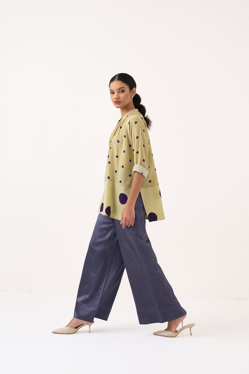 Polka Peasant Top Co-Ord-Soft Moss & Ash Violet crepe co-ord set by THREE in soft moss for women in Singapore