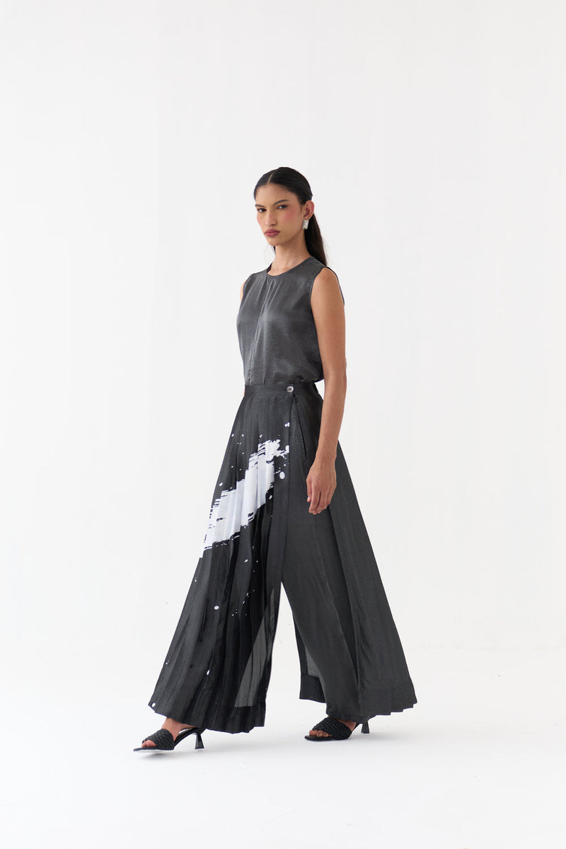Splash Print Skirtpant Co-Ord (Set Of 2)-Graphite metallic tissue co-ord set by THREE in grey for women in Singapore