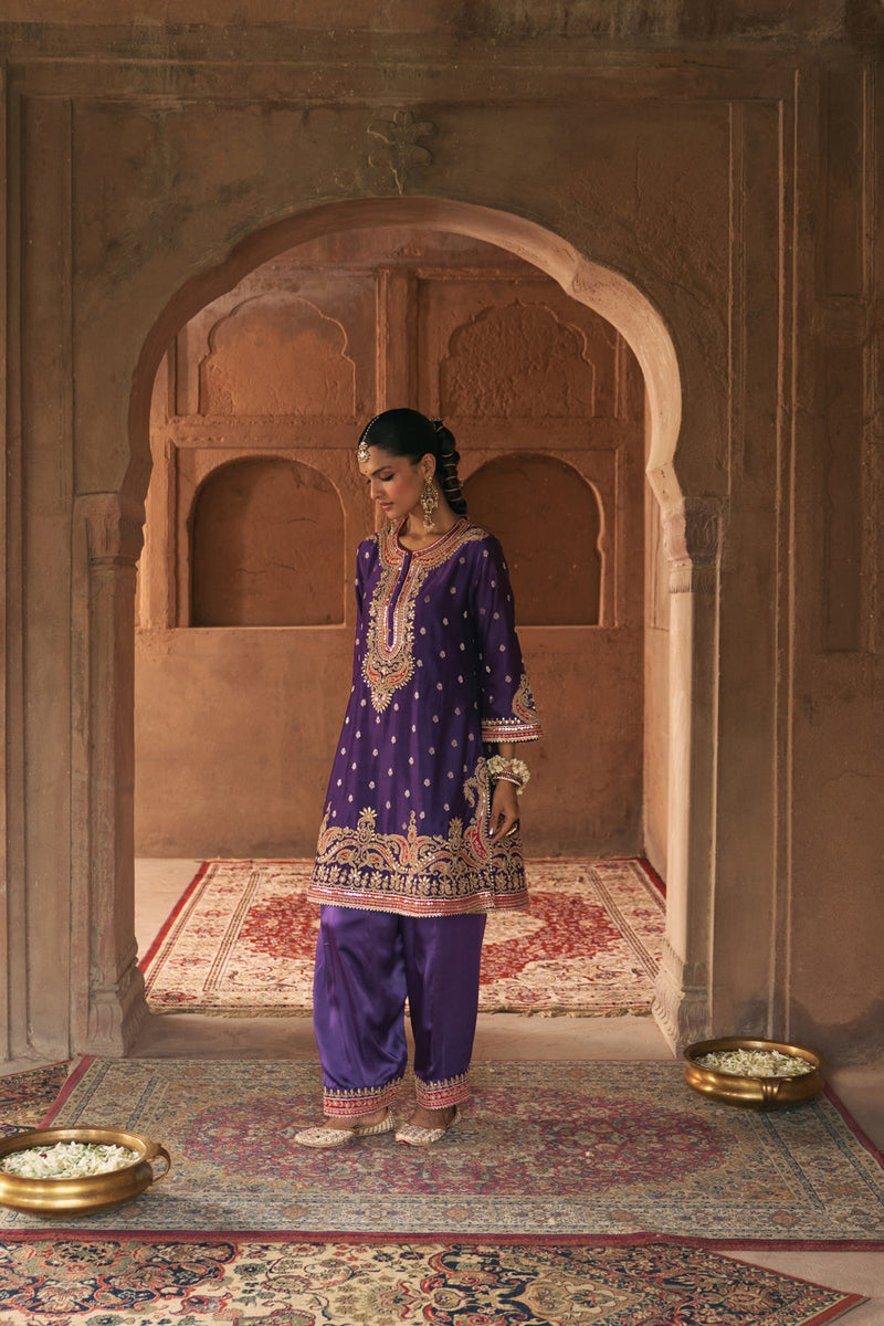 FARHANA - DEEP PURPLE SHORT KURTA WITH SALWAR AND DUPATTA chanderi silk kurta/kurta set by SHEETAL BATRA in purple for women in Singapore