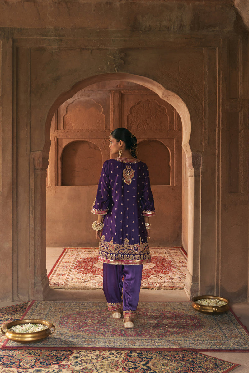FARHANA - DEEP PURPLE SHORT KURTA WITH SALWAR AND DUPATTA chanderi silk kurta/kurta set by SHEETAL BATRA in purple for women in Singapore
