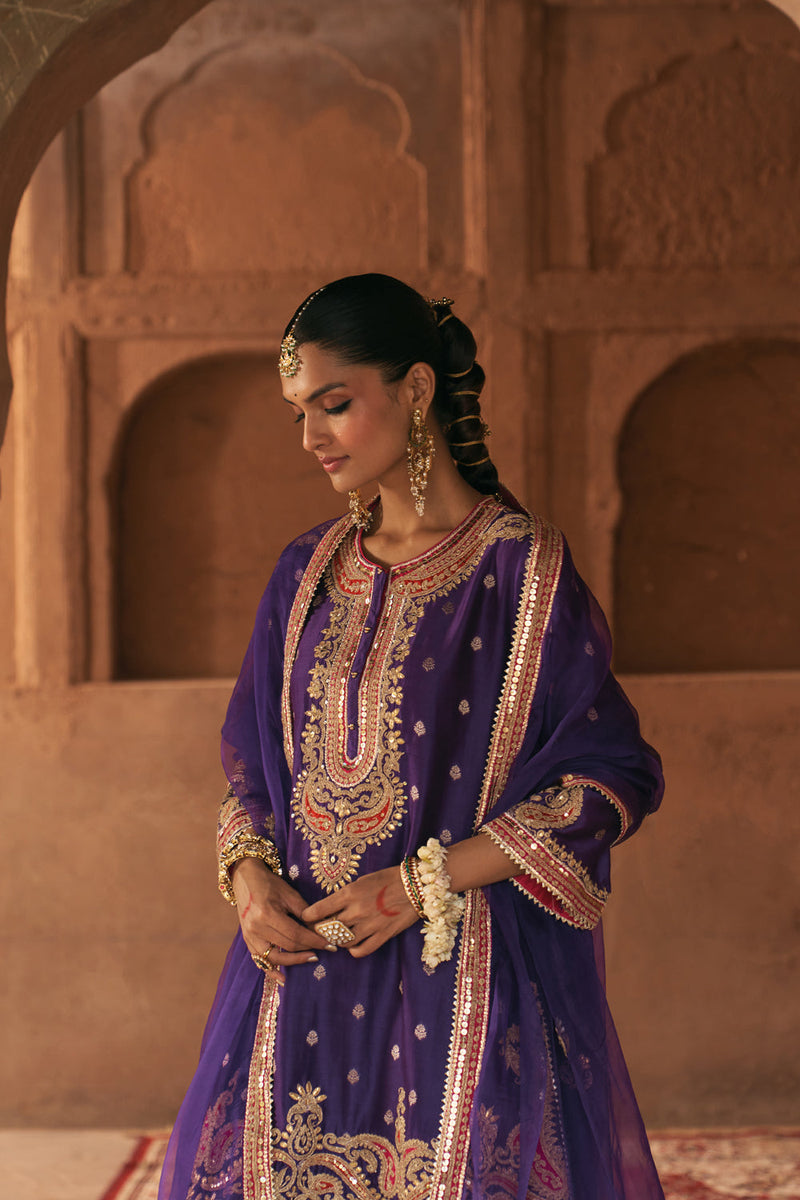 FARHANA - DEEP PURPLE SHORT KURTA WITH SALWAR AND DUPATTA chanderi silk kurta/kurta set by SHEETAL BATRA in purple for women in Singapore