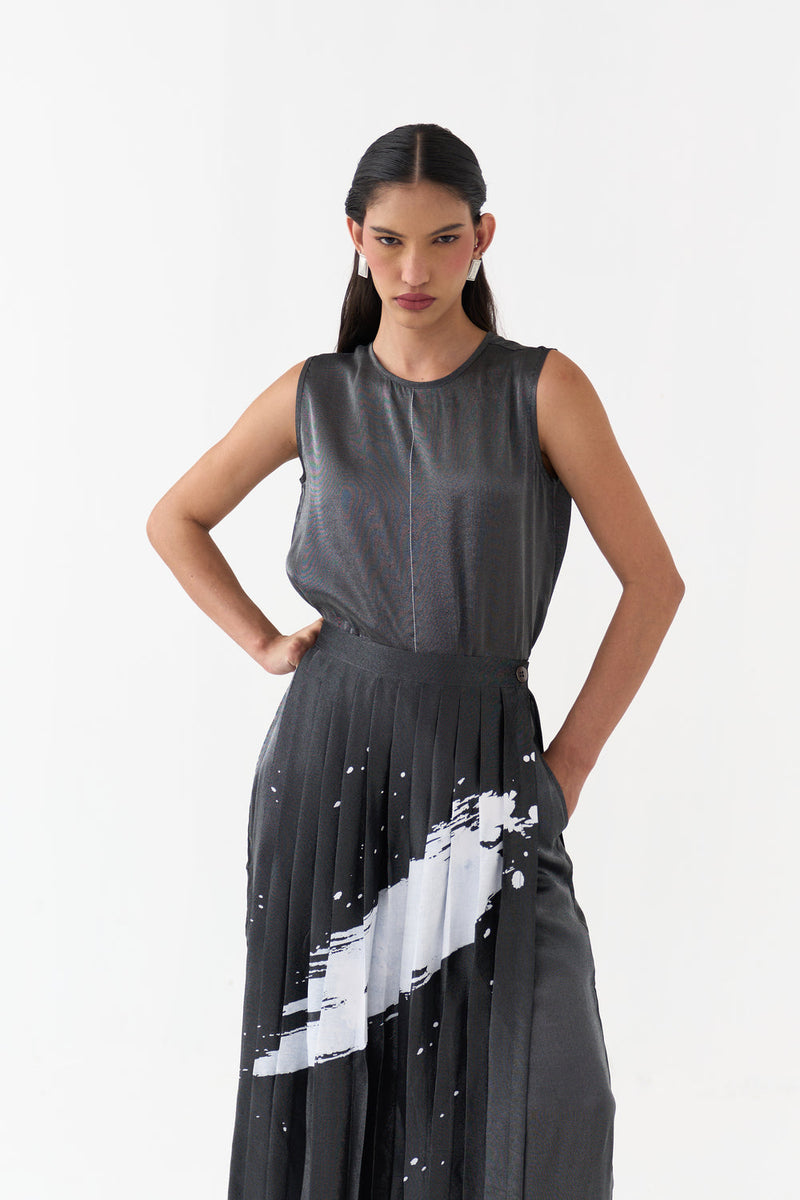 Splash Print Skirtpant Co-Ord (Set Of 2)-Graphite metallic tissue co-ord set by THREE in grey for women in Singapore