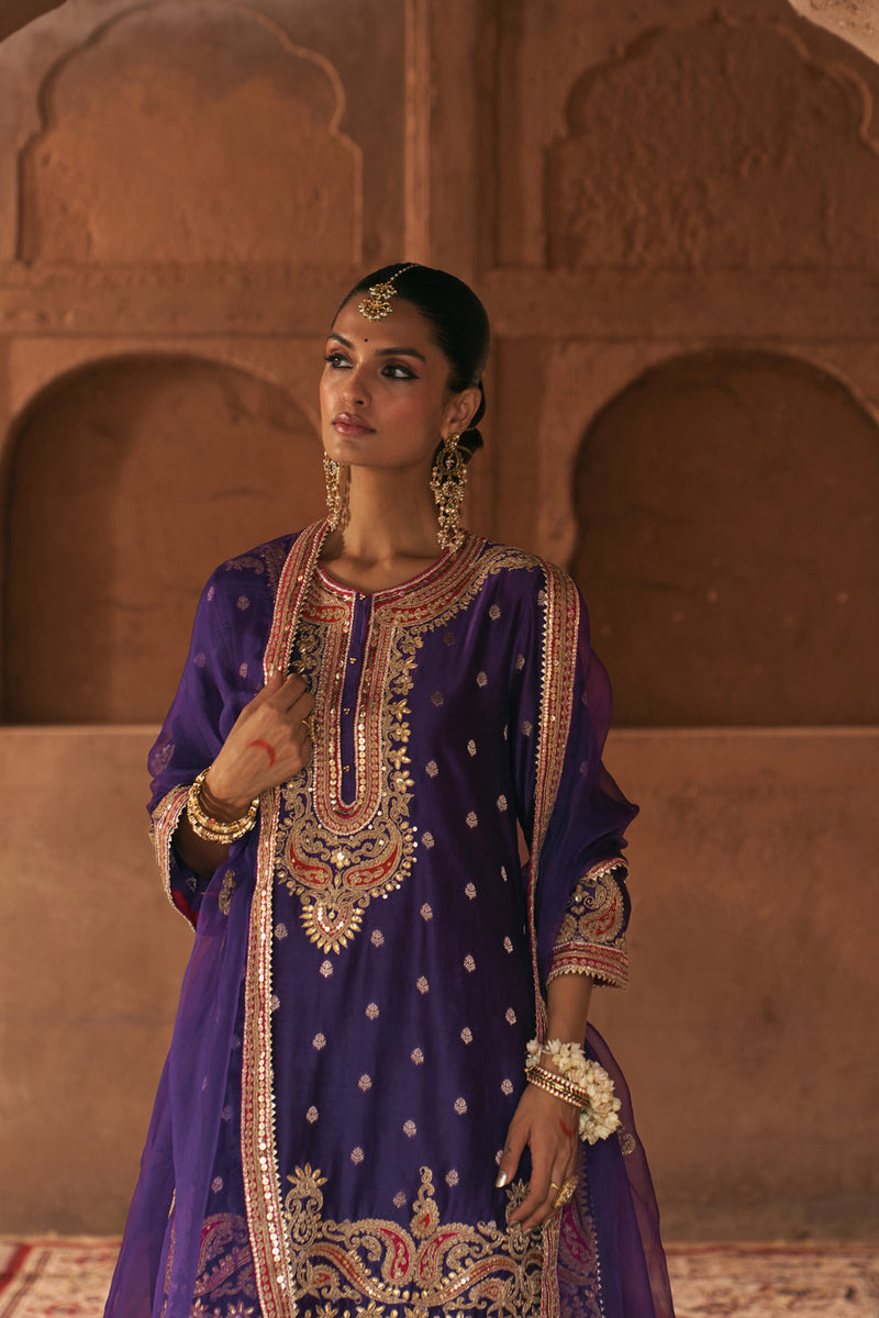 FARHANA - DEEP PURPLE SHORT KURTA WITH SALWAR AND DUPATTA chanderi silk kurta/kurta set by SHEETAL BATRA in purple for women in Singapore
