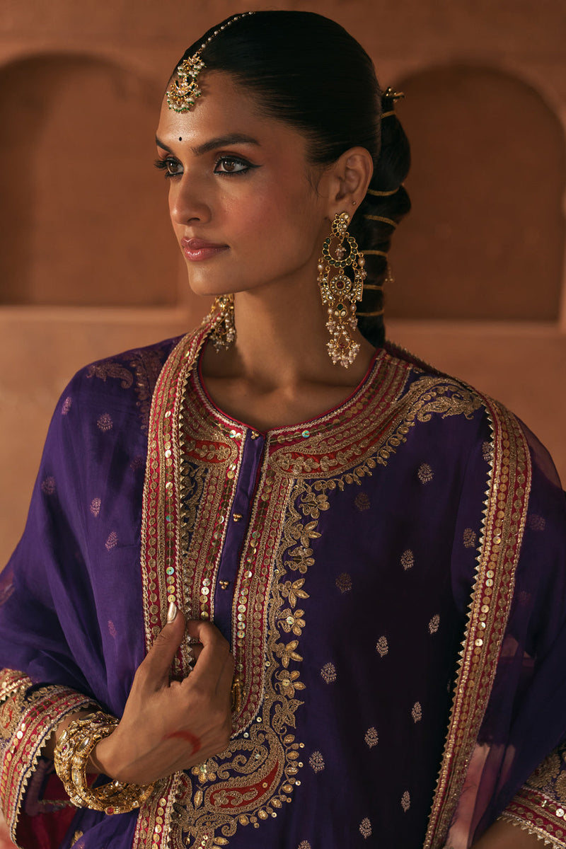 FARHANA - DEEP PURPLE SHORT KURTA WITH SALWAR AND DUPATTA chanderi silk kurta/kurta set by SHEETAL BATRA in purple for women in Singapore