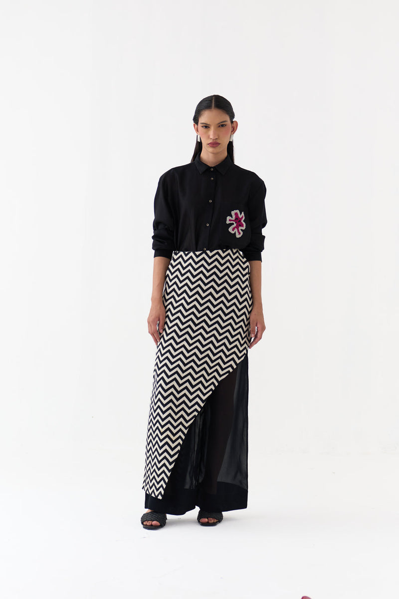 Asymmetric Skirtpant-Black and White Chevron heavy cotton twill, organza skirt by THREE in black, white for women in Singapore