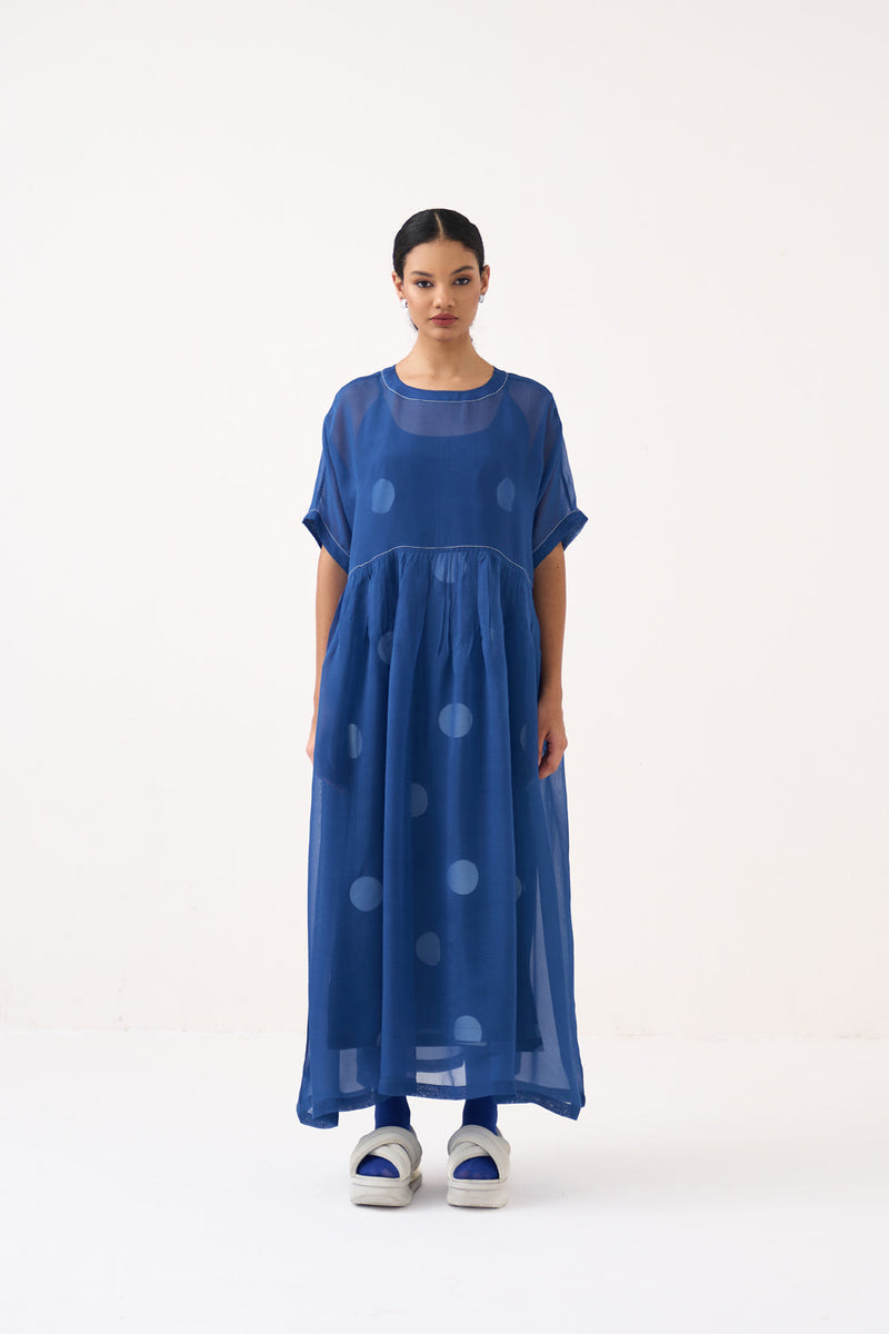 Yoke Gather Dress (Included Slip)-Cobalt Blue Polka organza dress by THREE in cobalt blue for women in Singapore