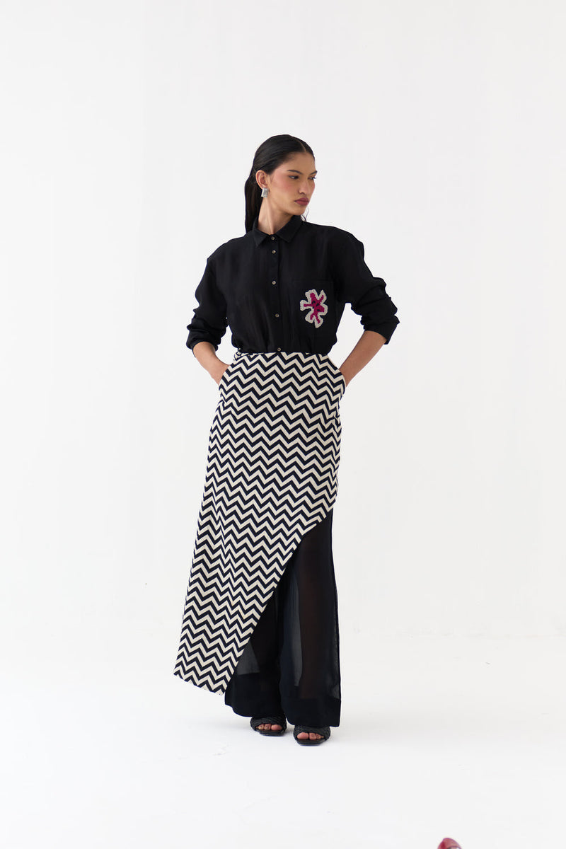 Asymmetric Skirtpant-Black and White Chevron heavy cotton twill, organza skirt by THREE in black, white for women in Singapore
