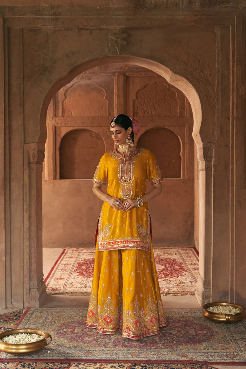 AREESHA - MUSTARD SHORT KURTA WITH SHARARA AND DUPATTA silk chanderi kurta/kurta set by SHEETAL BATRA in mustard for women in Singapore