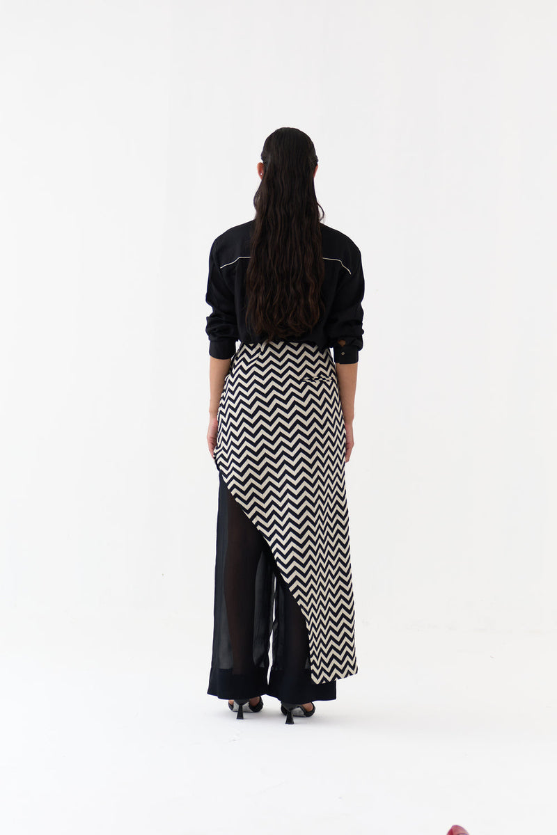 Asymmetric Skirtpant-Black and White Chevron heavy cotton twill, organza skirt by THREE in black, white for women in Singapore