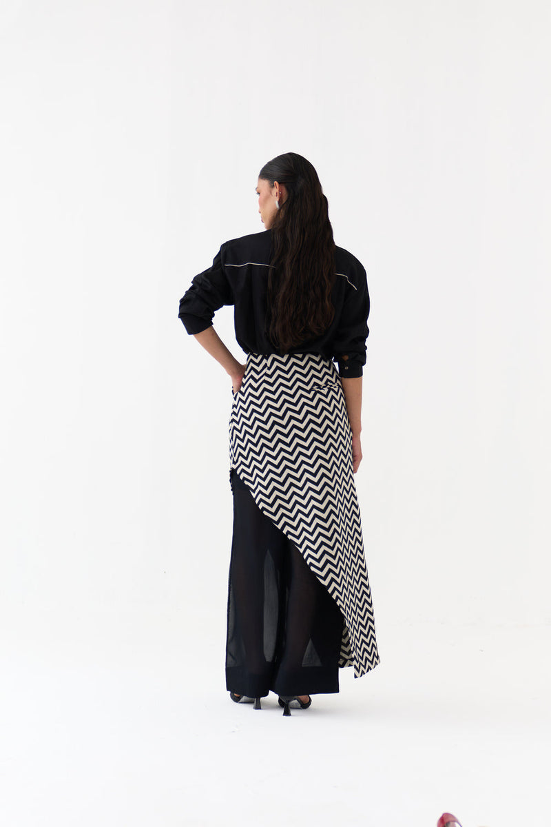 Asymmetric Skirtpant Co-Ord (Set Of 3)-Black chanderi, handwoven cotton co-ord set by THREE in black for women in Singapore