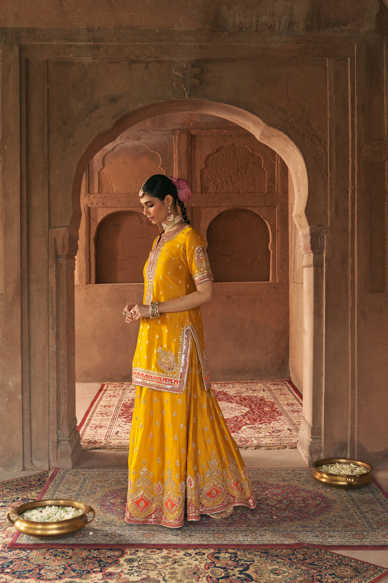 AREESHA - MUSTARD SHORT KURTA WITH SHARARA AND DUPATTA silk chanderi kurta/kurta set by SHEETAL BATRA in mustard for women in Singapore