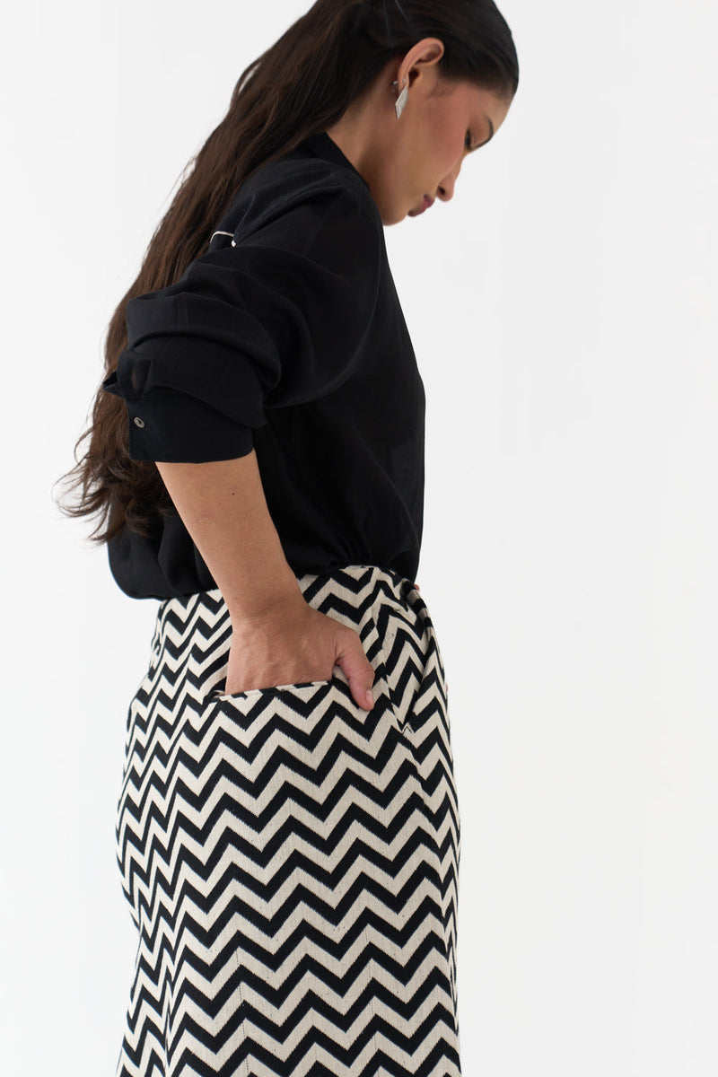Asymmetric Skirtpant-Black and White Chevron heavy cotton twill, organza skirt by THREE in black, white for women in Singapore