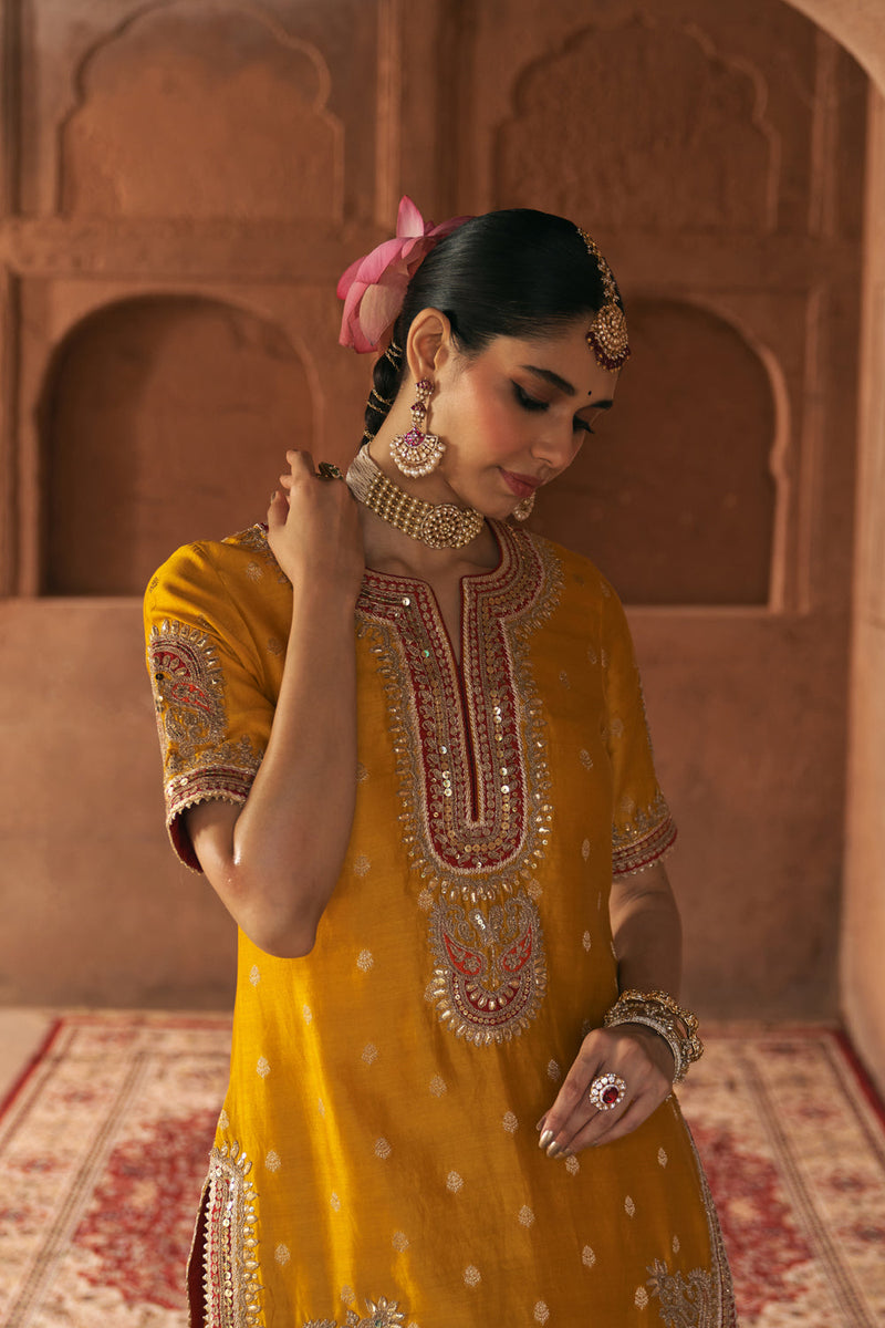 AREESHA - MUSTARD SHORT KURTA WITH SHARARA AND DUPATTA silk chanderi kurta/kurta set by SHEETAL BATRA in mustard for women in Singapore