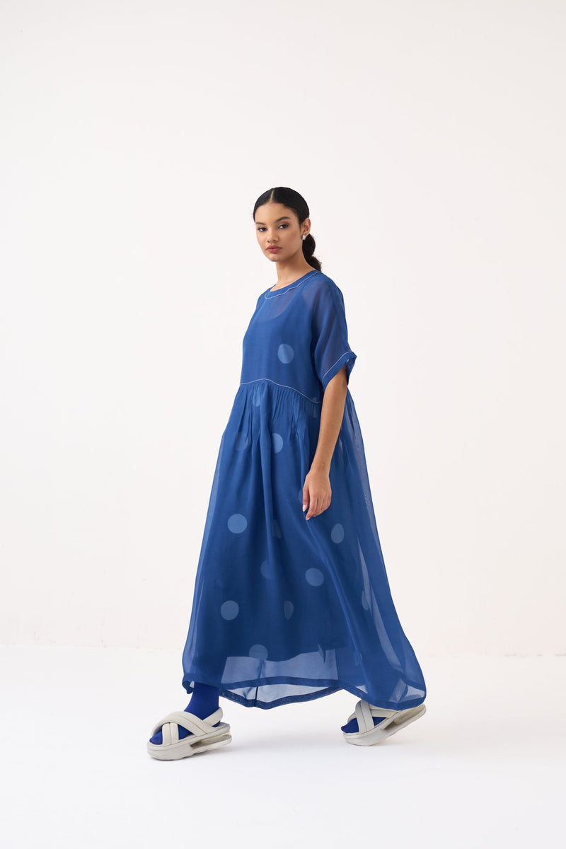 Yoke Gather Dress (Included Slip)-Cobalt Blue Polka organza dress by THREE in cobalt blue for women in Singapore