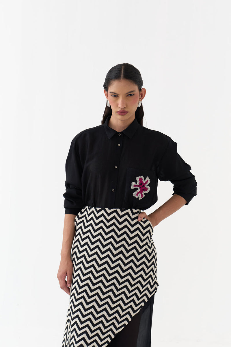 Asymmetric Skirtpant-Black and White Chevron heavy cotton twill, organza skirt by THREE in black, white for women in Singapore