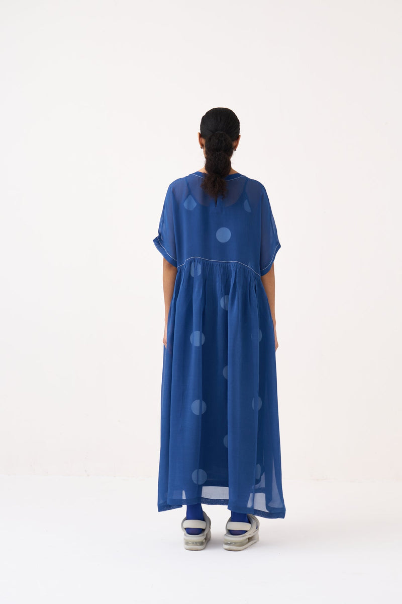 Yoke Gather Dress (Included Slip)-Cobalt Blue Polka organza dress by THREE in cobalt blue for women in Singapore