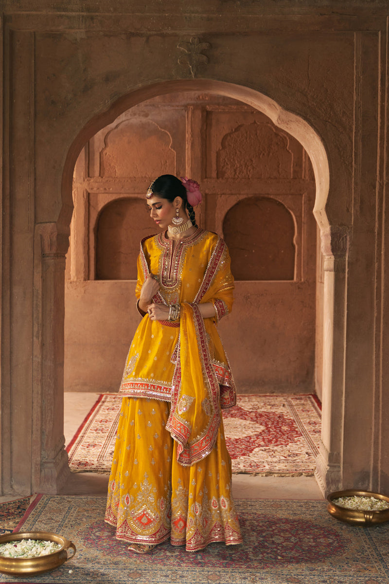 AREESHA - MUSTARD SHORT KURTA WITH SHARARA AND DUPATTA silk chanderi kurta/kurta set by SHEETAL BATRA in mustard for women in Singapore