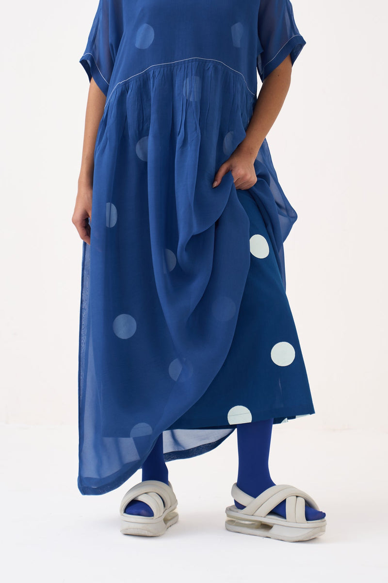 Yoke Gather Dress (Included Slip)-Cobalt Blue Polka organza dress by THREE in cobalt blue for women in Singapore