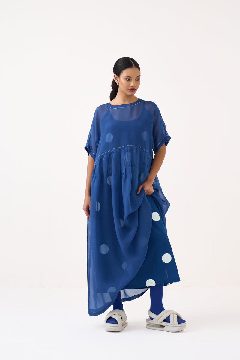 Yoke Gather Dress (Included Slip)-Cobalt Blue Polka organza dress by THREE in cobalt blue for women in Singapore