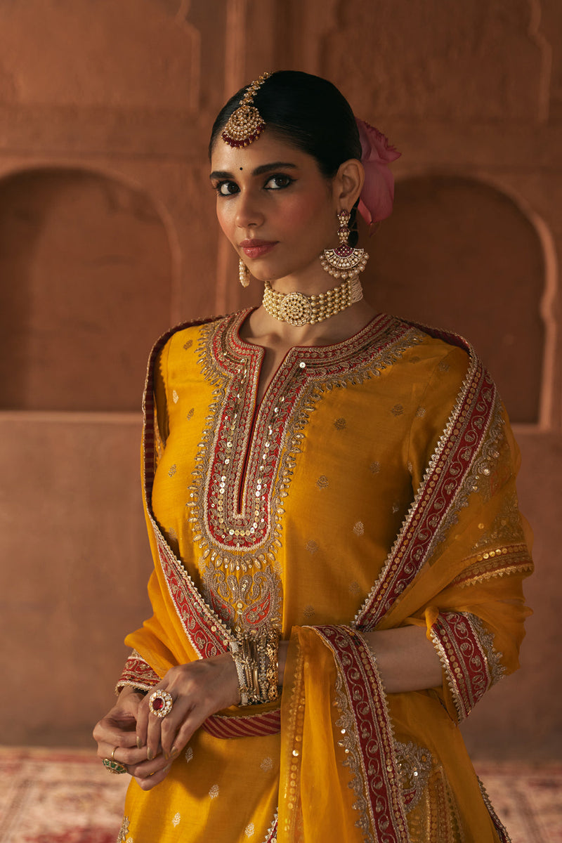 AREESHA - MUSTARD SHORT KURTA WITH SHARARA AND DUPATTA silk chanderi kurta/kurta set by SHEETAL BATRA in mustard for women in Singapore
