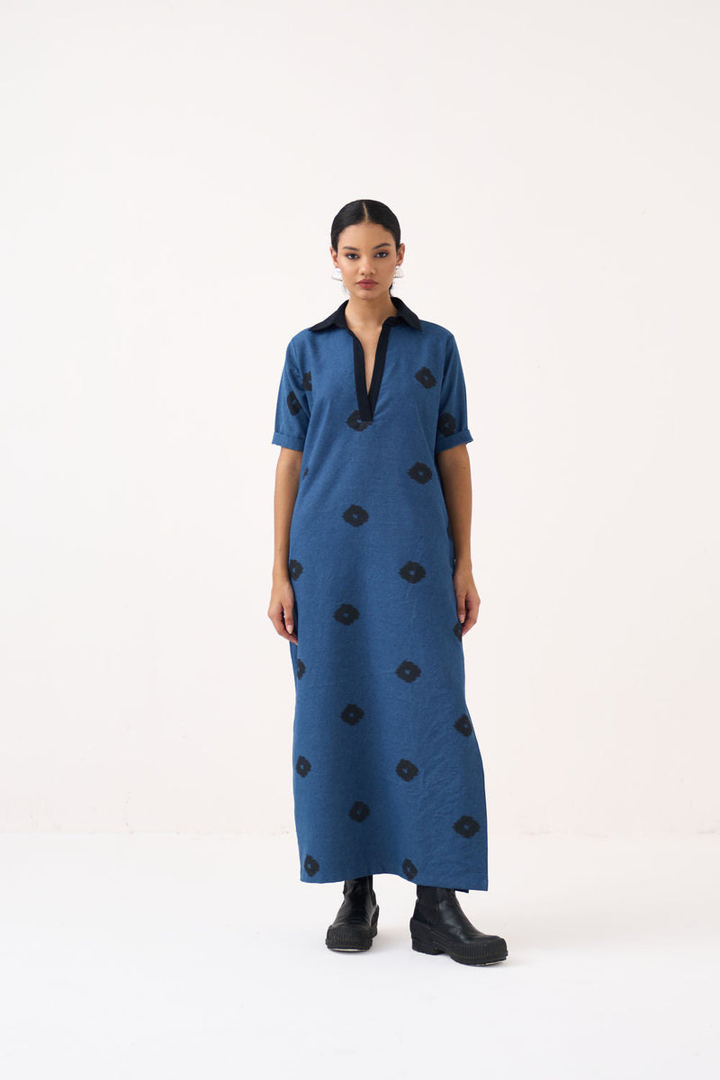 Block Print Denim Dress-Dress : Blue Denim denim dress by THREE in blue for women in Singapore