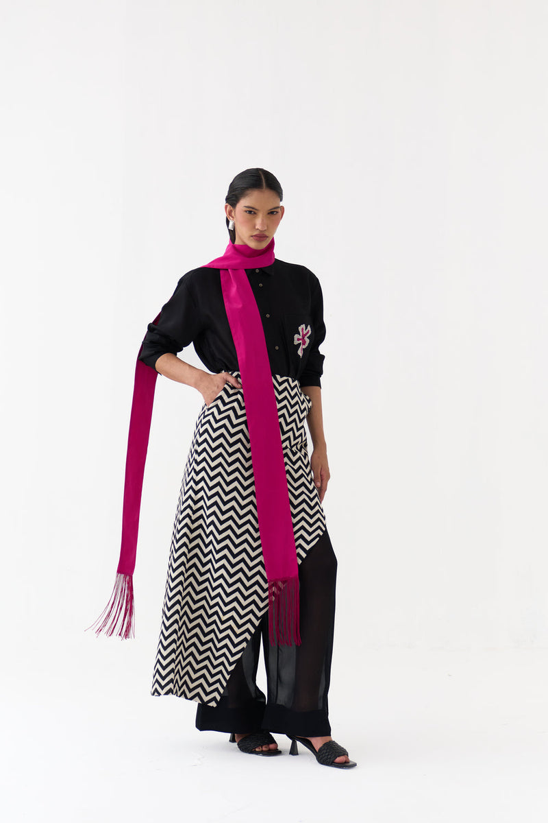 Asymmetric Skirtpant Co-Ord (Set Of 3)-Black chanderi, handwoven cotton co-ord set by THREE in black for women in Singapore