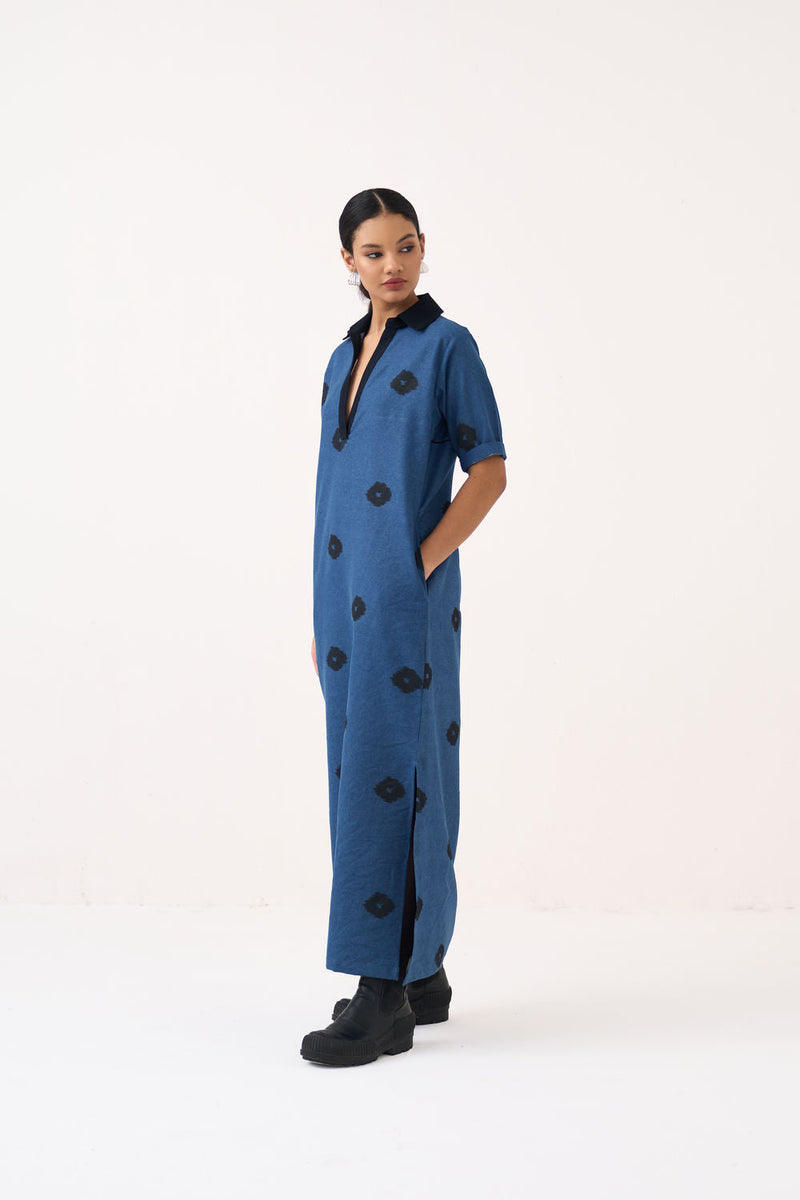 Block Print Denim Dress-Dress : Blue Denim denim dress by THREE in blue for women in Singapore