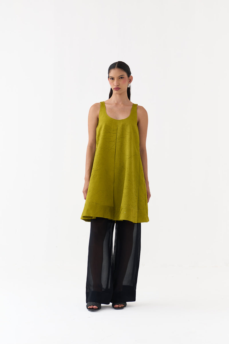 U-Neck Pleated Tunic-Electric Lime crushed chanderi tunics/kaftan by THREE in yellow for women in Singapore