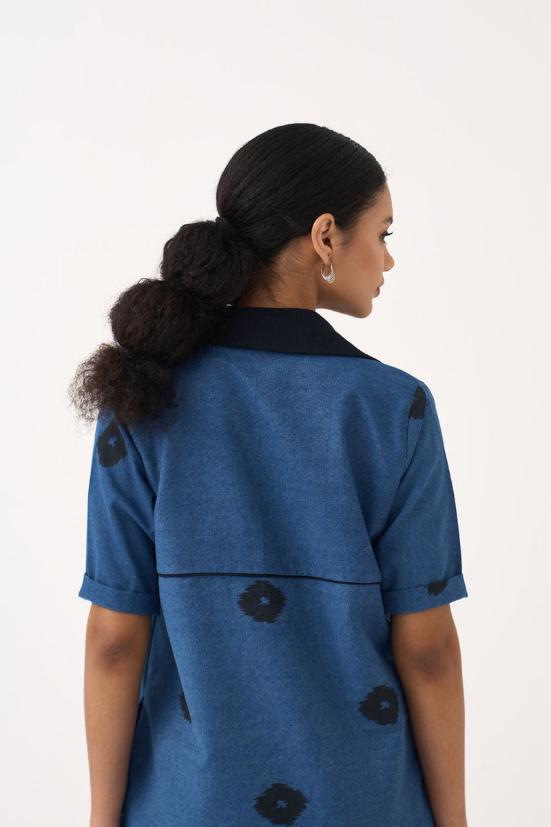 Block Print Denim Dress-Dress : Blue Denim denim dress by THREE in blue for women in Singapore