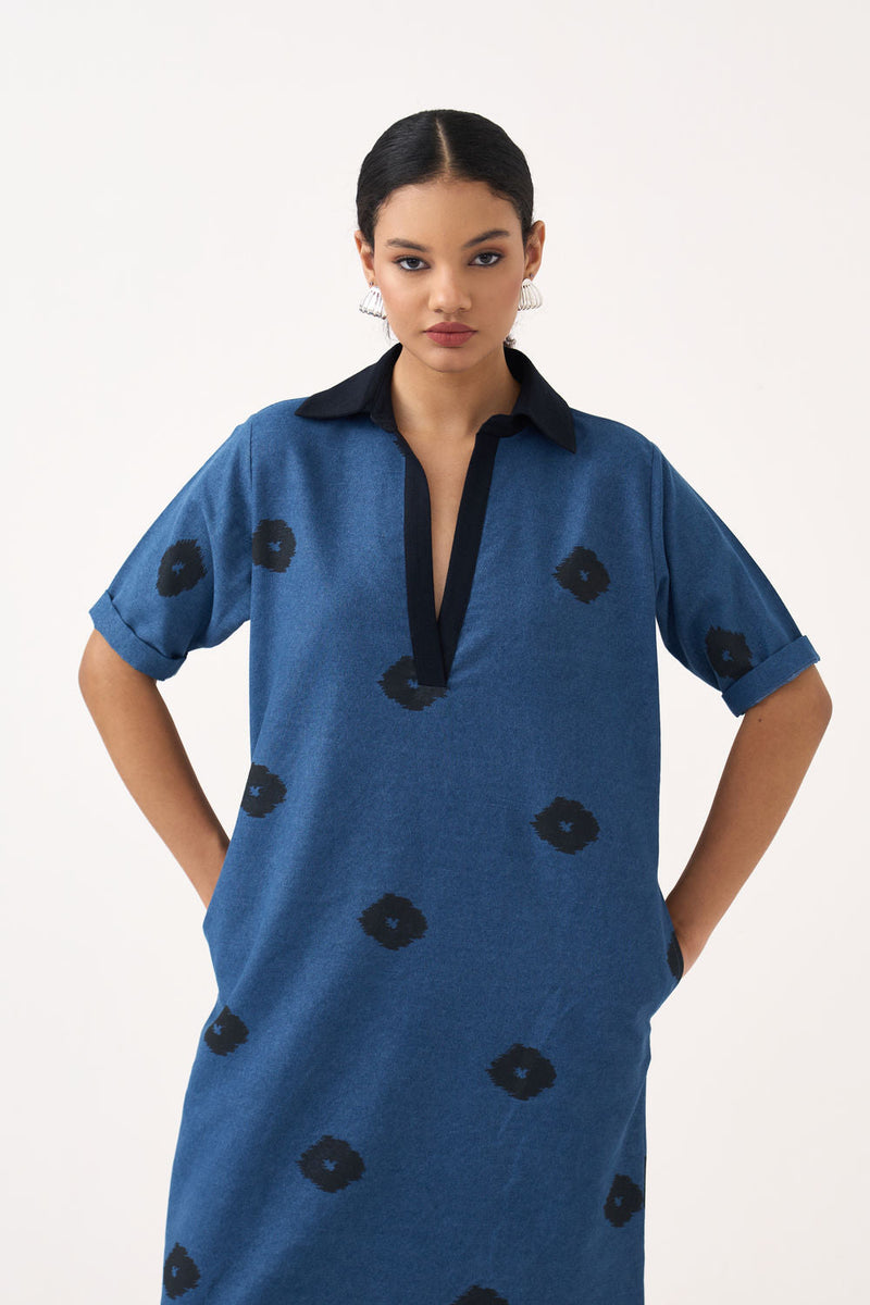 Block Print Denim Dress-Dress : Blue Denim denim dress by THREE in blue for women in Singapore