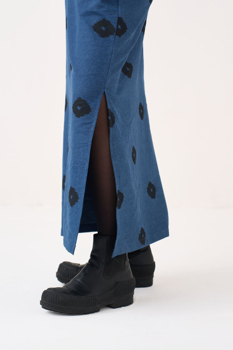 Block Print Denim Dress-Dress : Blue Denim denim dress by THREE in blue for women in Singapore