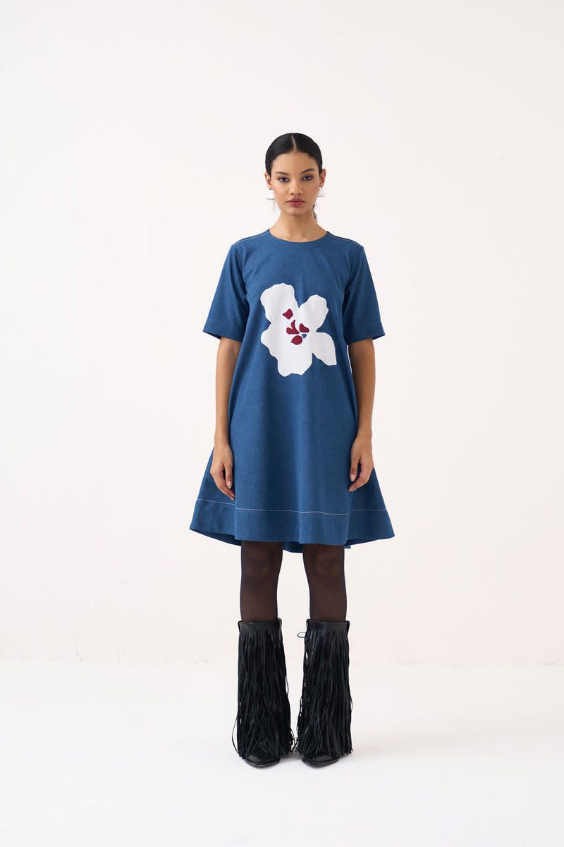 Textured Applique Denim Dress-Blue Denim denim dress by THREE in blue for women in Singapore