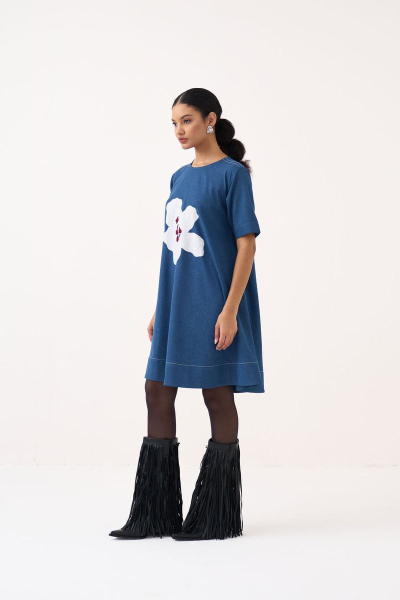 Textured Applique Denim Dress-Blue Denim denim dress by THREE in blue for women in Singapore