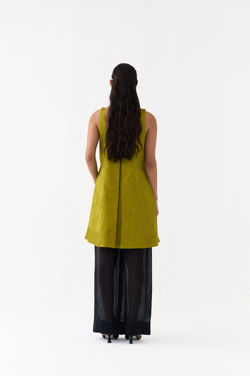U-Neck Pleated Tunic-Electric Lime crushed chanderi tunics/kaftan by THREE in yellow for women in Singapore