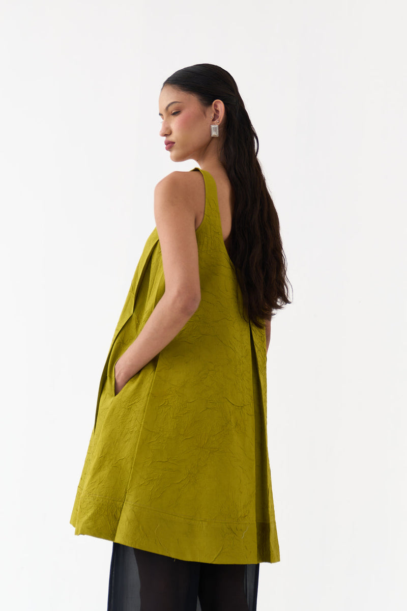 U-Neck Pleated Tunic-Electric Lime crushed chanderi tunics/kaftan by THREE in yellow for women in Singapore
