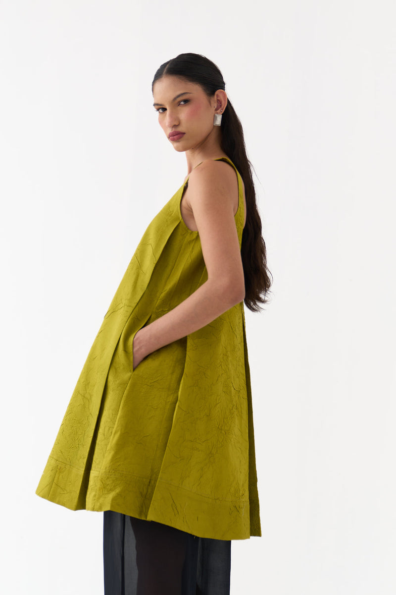 U-Neck Pleated Tunic-Electric Lime crushed chanderi tunics/kaftan by THREE in yellow for women in Singapore