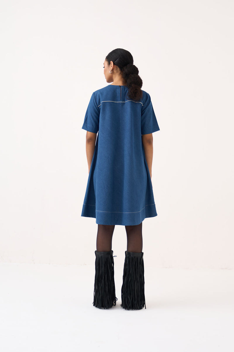 Textured Applique Denim Dress-Blue Denim denim dress by THREE in blue for women in Singapore