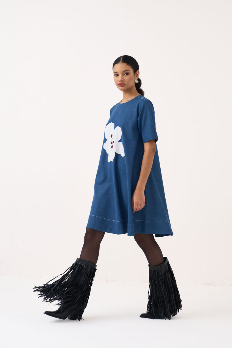 Textured Applique Denim Dress-Blue Denim denim dress by THREE in blue for women in Singapore