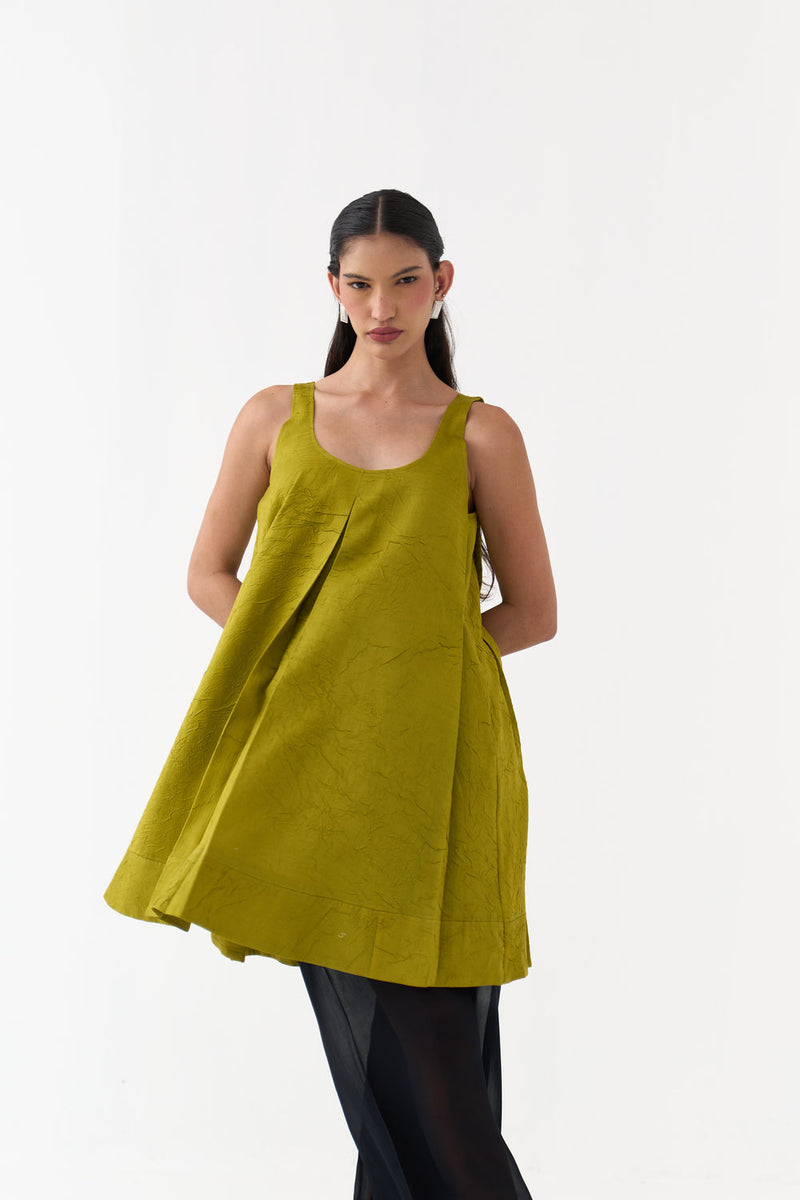 U-Neck Pleated Tunic-Electric Lime crushed chanderi tunics/kaftan by THREE in yellow for women in Singapore