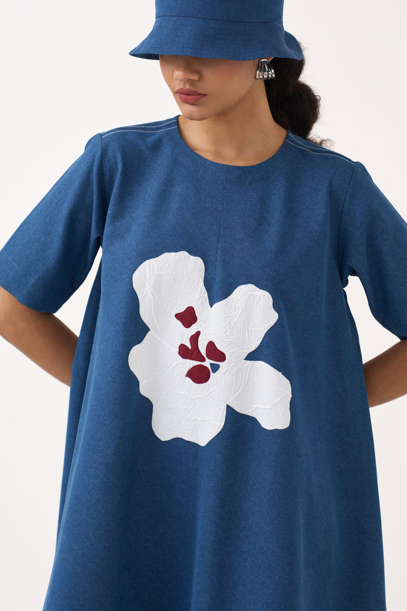 Textured Applique Denim Dress-Blue Denim denim dress by THREE in blue for women in Singapore