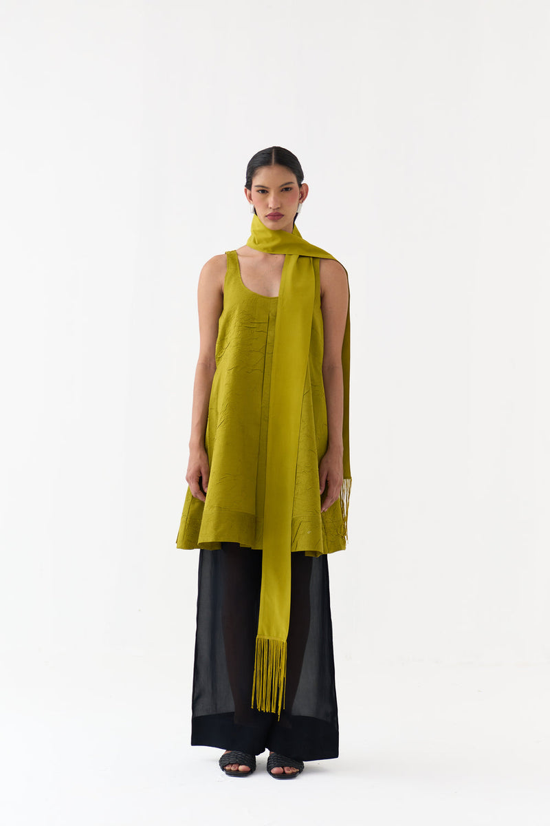 U-Neck Pleated Tunic-Electric Lime crushed chanderi tunics/kaftan by THREE in yellow for women in Singapore