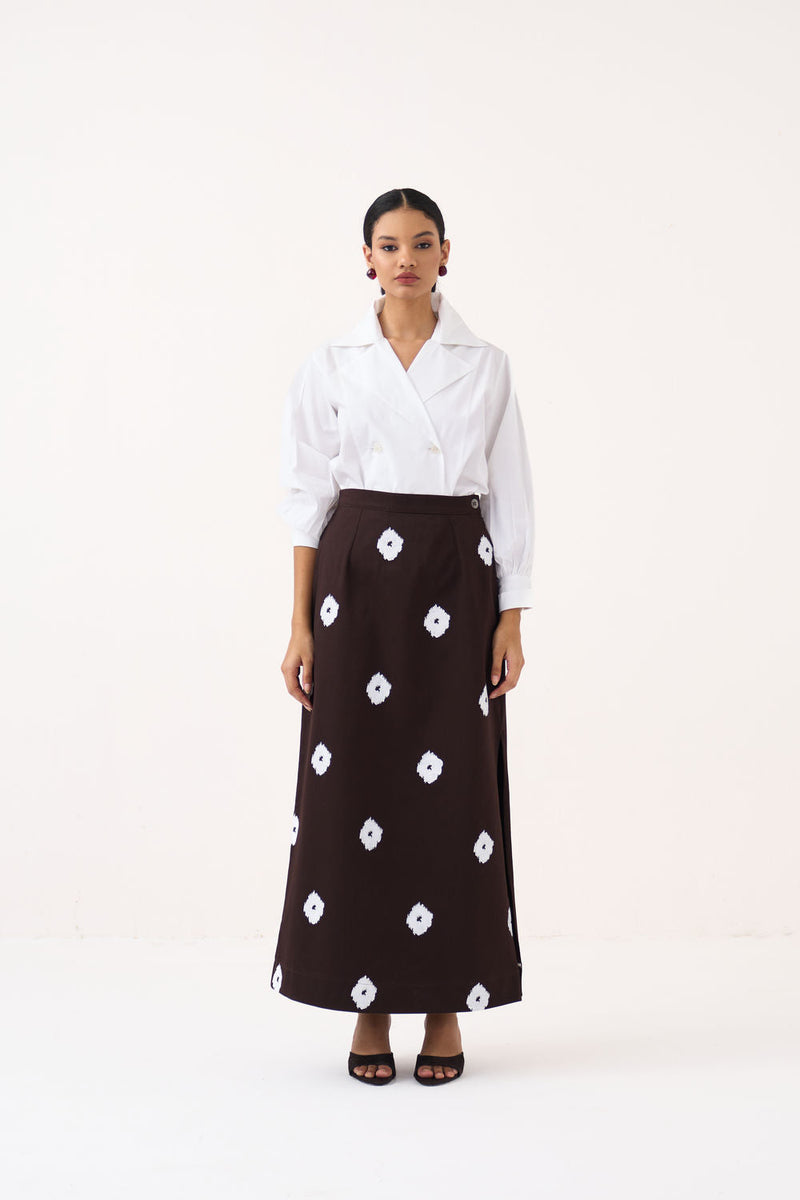 Hand Block Print Skirt Co-Ord (Set Of 2)-Dark Brown hard cotton twill co-ord set by THREE in brown, white for women in Singapore