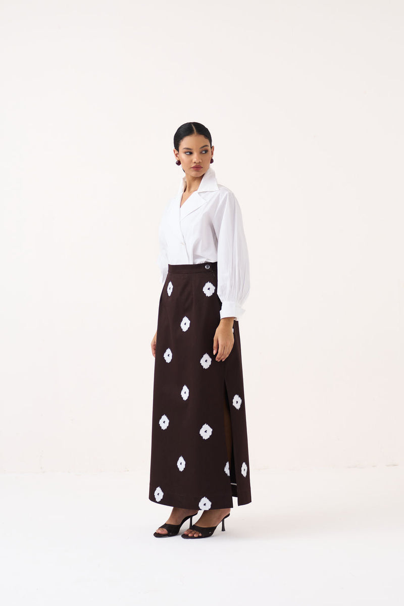 Hand Block Print Skirt-Dark Brown hard cotton twill skirt by THREE in brown for women in Singapore