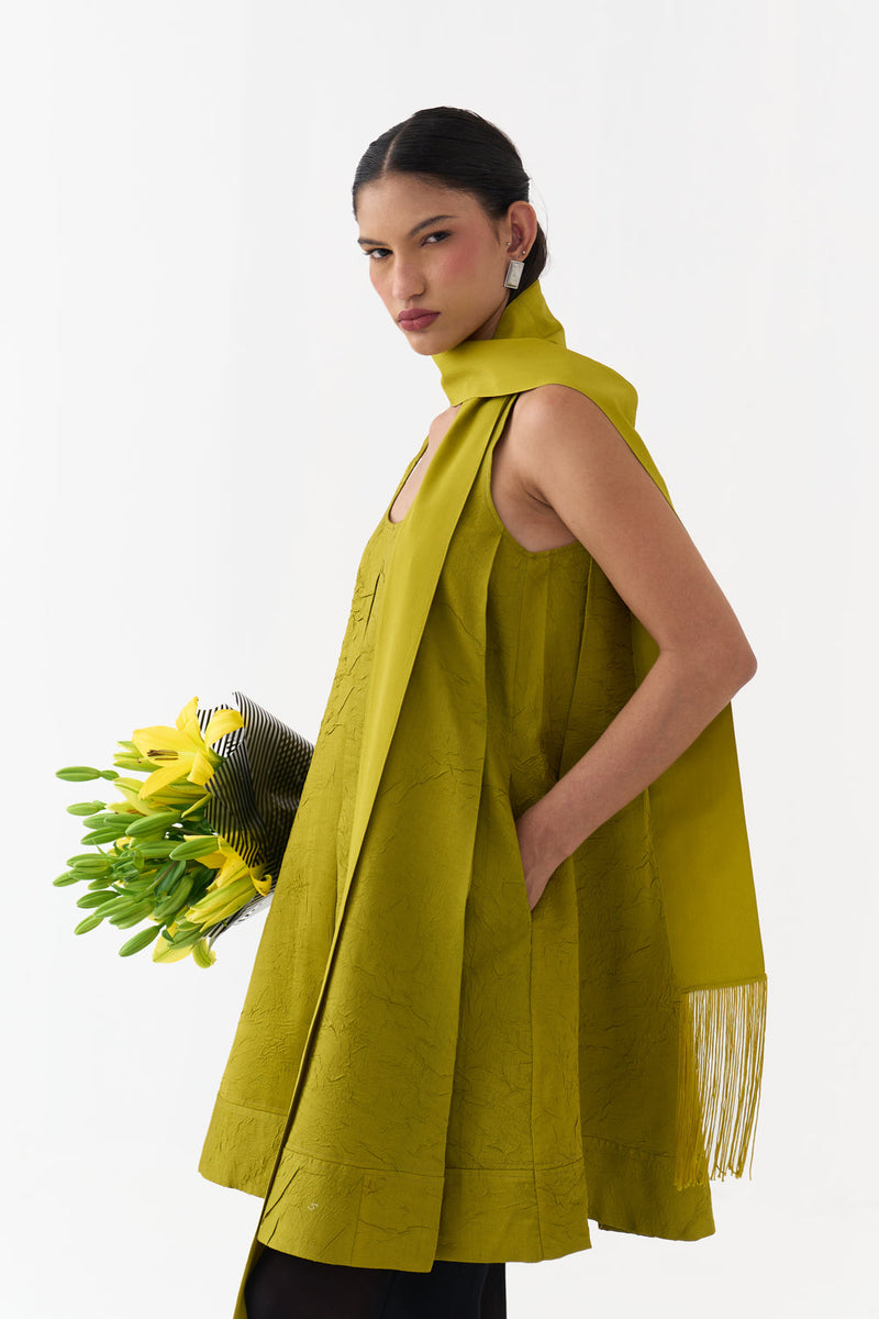 U-Neck Pleated Tunic-Electric Lime crushed chanderi tunics/kaftan by THREE in yellow for women in Singapore