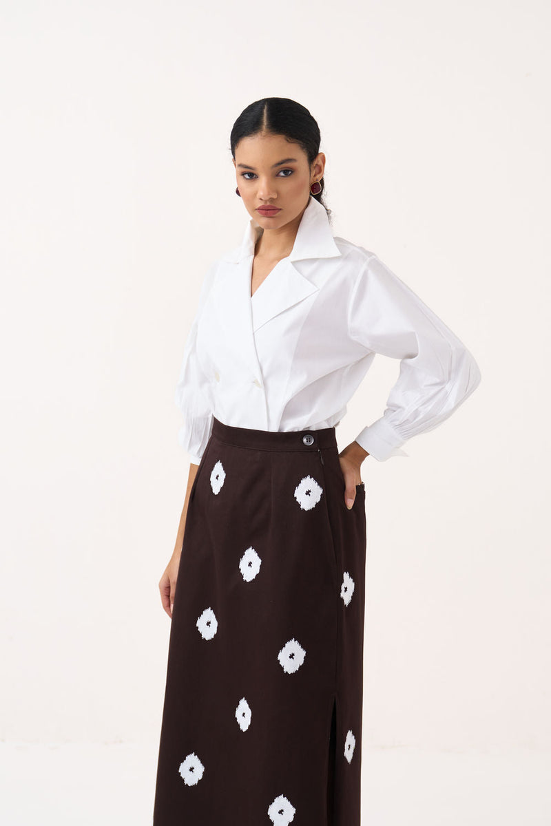 Hand Block Print Skirt Co-Ord (Set Of 2)-Dark Brown hard cotton twill co-ord set by THREE in brown, white for women in Singapore