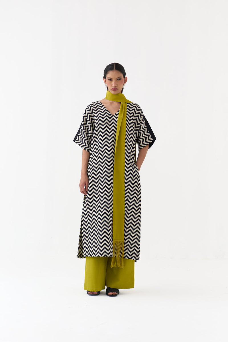V Neck Kaftan-Black Chevron handwoven cotton twill tunics/kaftan by THREE in black for women in Singapore